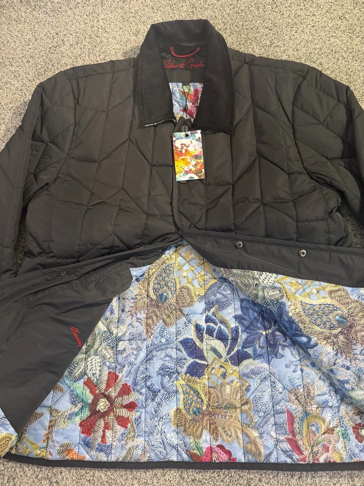 NWT Robert Graham Men’s Quilted Jacket Puffer Shirt Large Black Print Lining image 4