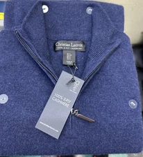 Christian Lacroix Men's 100% 2 Ply Cashmere Navy Blue 1/4 Zip Sweater Small