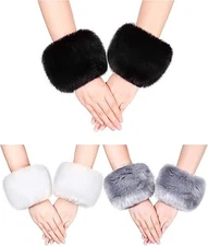Faux Fur Wrist Cuffs Winter Furry Bands Wrist Arm Leg Warmer, 3 Pairs