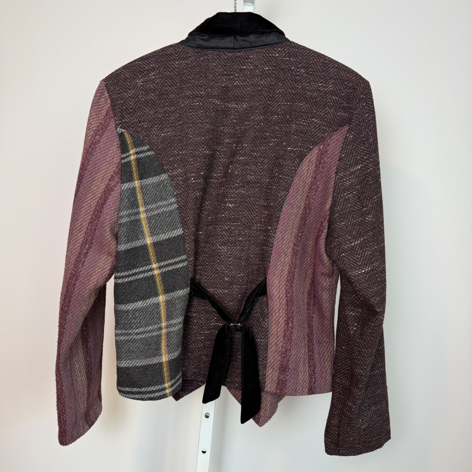 Patchwork Blazer Jacket Velvet Collar Plaid Textu… - image 6