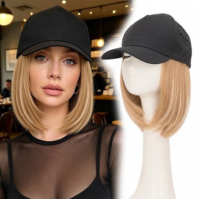 Cap Adjustable Baseball Hat with Attached Synthetic Hair Bob Synthetic Fiber Wig