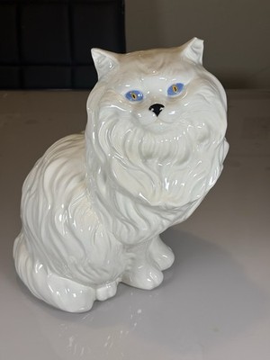 White Ceramic Blue Eyes Persian Cat Statue Vintage, 13 , Mid-Century MCM