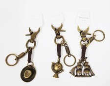 NEW BRASS GOLD TONE BROWN FAUX LEATHER,COWBOY HAT,GLOBE,PIRATE SHIP KEY,RING,FOB