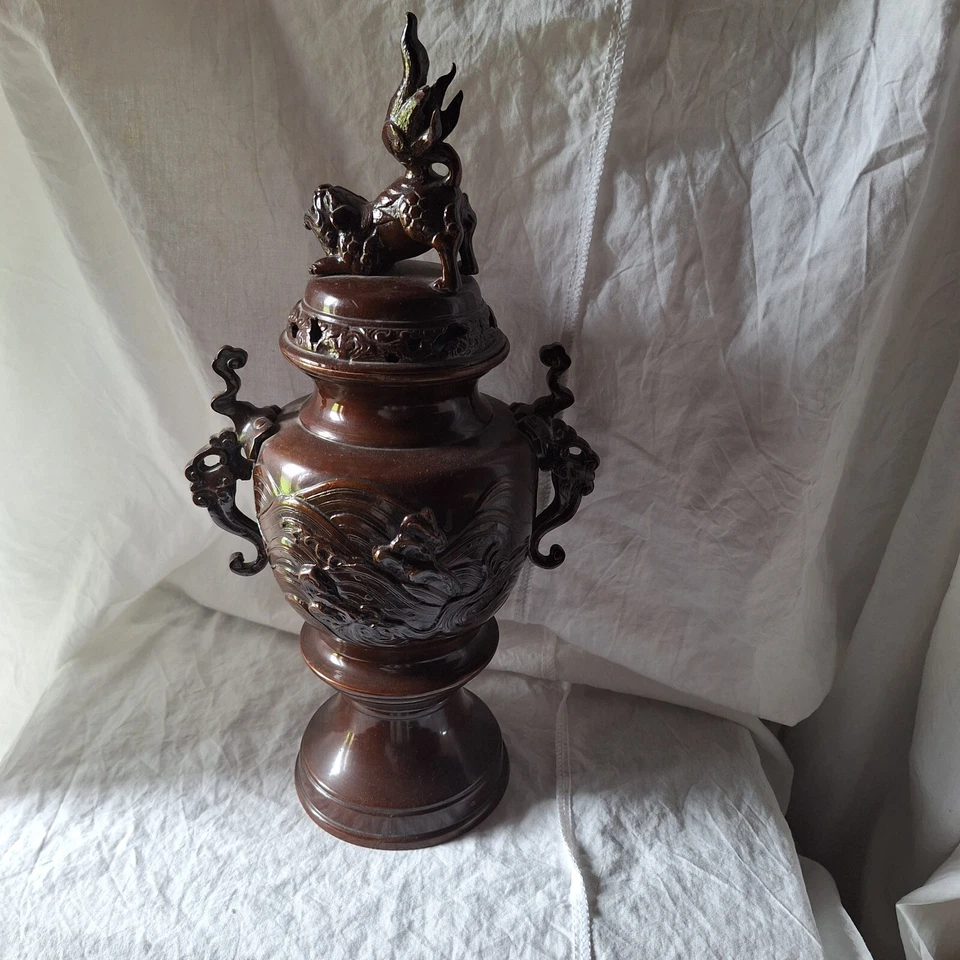 ancien brule parfum, vase japonais chien Fu en bronze - Photo 4/4