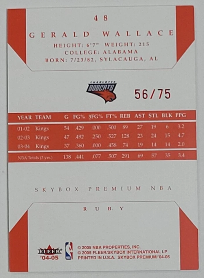 Skybox Premium Gerald Wallace Ruby 2004-05 #D 56/75 Foto 2 de 2