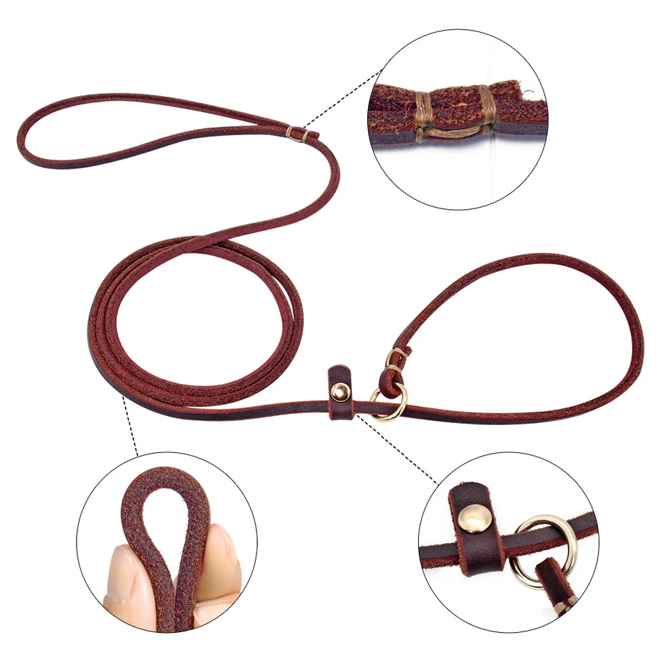 Genuine Leather Dog Show Slip Leash Puppy Small Dog P Leash Choke Training Lead - Image 3 of 4