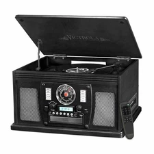 Black Entertainment Center AM/FM Radio CD Record Player Turntable Bluetooth