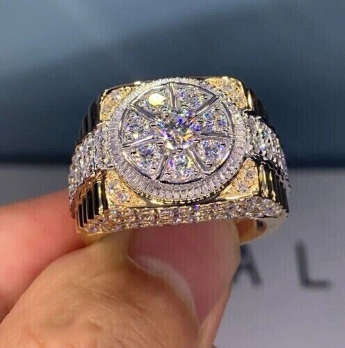 2.00 Ct Round Cut Simulated Diamond Men's Cluster Ring 14K Yellow Gold Plated - Picture 1 of 4