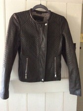 Leather Jacket - Brown- Size 8 - Oui- Leather With Fabric Panels -star Lining