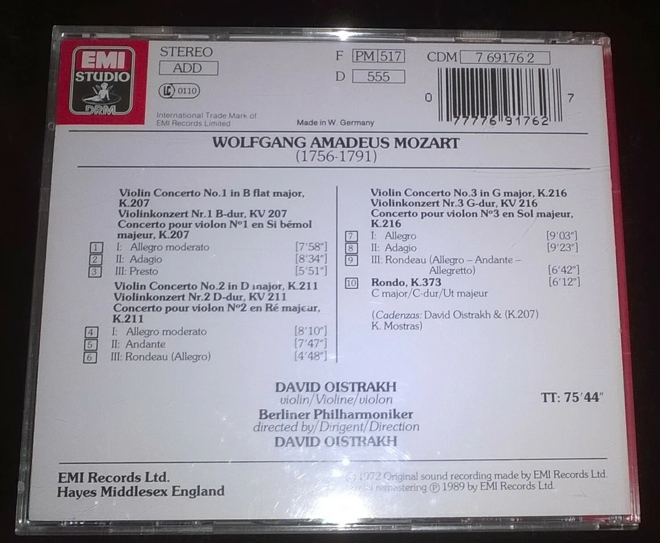 Oistrakh Mozart Violin Concertos Nos. 1, 2 & 3 CD EMI CDM 7 69176 2 W. Germany Foto 2 de 3