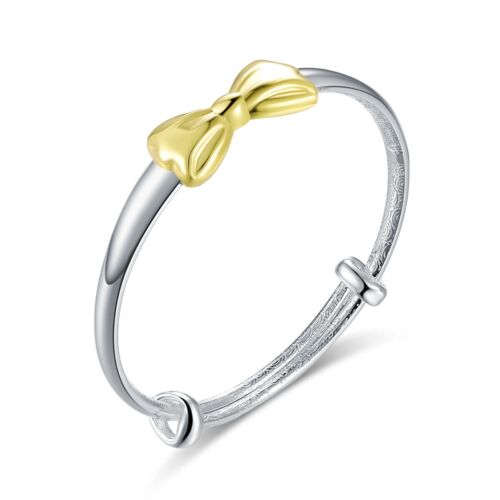 14k Gold Plated Ribbon Bow Newborn Baby Pure 999 Silver Children Bangle Bracelet - Picture 1 of 3