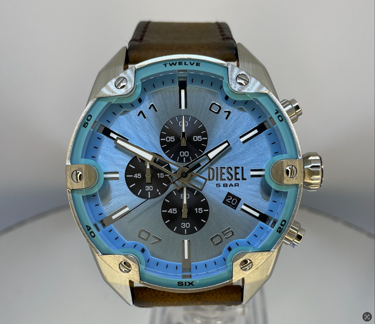 2025 Brand New Diesel Spiked Chronograph Leather Silver Brown