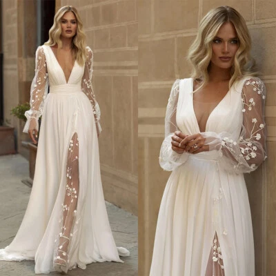 Brautkleid Hochzeitskleid V-Ausschnitt Langarm Spitze Aufkleber 36 38 40 42 44 - Bild 1 von 4