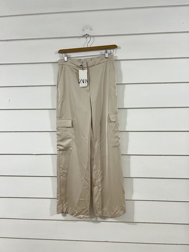 NEW ZARA WOMAN BEIGE STONE SATIN EFFECT CARGO PANTS WAIST 30" SIZE L Y567C - Picture 5 of 15
