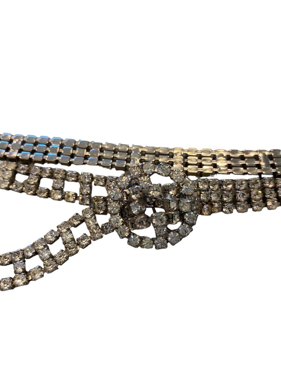 Vintage Statement Belt Rhinestone Crystal Prong Dangle Chain Silver Tone 20\