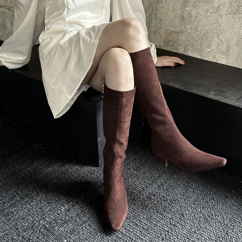 Womens Suede Square Toe Kitten Heel Stretched Knee Length Boots Chic Shoes - Bild 7 von 17
