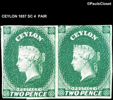 CEYLON 1862 SC 4 QUEEN VICTORIA GREEN 2p PAIR MHR IMPERF WM 6 FINE