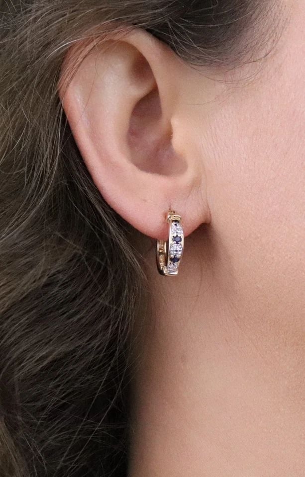 Pendientes de aro de zafiro azul natural de oro de 18k sobre plata de ley de 5/8" Foto 4 de 4