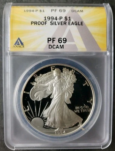 1994 P Proof $1 American Silver Eagle Dollar ANACS PF69 DCAM