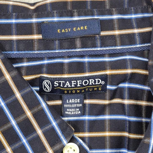 Stafford Signature Mens Shirt L Blue Yellow Plaid Button Down Wrinkle Iron Free image 8