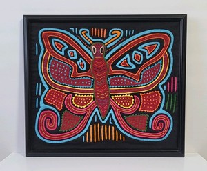 Vintage Framed Kuna Mola Hand Stitched Textile Art 'Whimsical Butterfly' 14"x16"