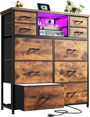 Dresser for Bedroom with 10 Drawers Featuring LED Light and Power Outlet Fabric
