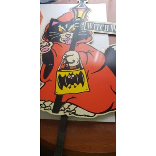 VTG. 1990s Halloween Black Cat Witch Way Yard Sign Decoration LampPost Bat Works - Picture 2 of 7