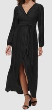 GUESS Women's Black Pleated Woven Faux Wrap V-Neck Maxi Dress Size: 6