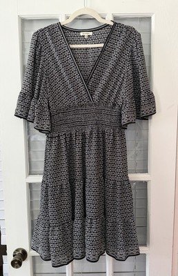 Max Studio Women s M Smocked Waist Flutter Sleeve Black White Dress | SKU 0208