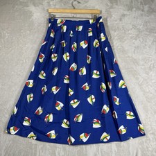 VTG The Villager Nautical Pleated Rayon Skirt Med Sailboat Midi Pockets Blue USA