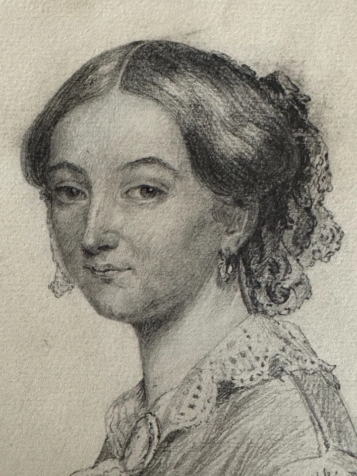 Very Fine Italian Portrait of a Young Woman Pencil Drawing Paper Florence 1866 - Image 4 of 4