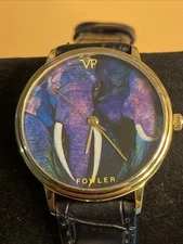 Purple Elephant Dial Watch Women Gold Tone VP Art Fowler New Battery