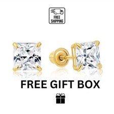14k Yellow Gold Square Princess Cut CZ Stud Earrings with Screw Back