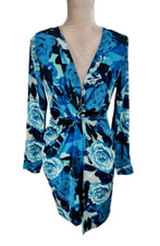 FASHION NOVA Womens Faux Wrap Mini Dress Size S Satin Blue Floral V-Neck B09P