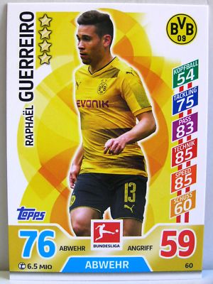 Match Attax 2017/18 Bundesliga - #060 Raphael Guerreiro - Borussia Dortmund