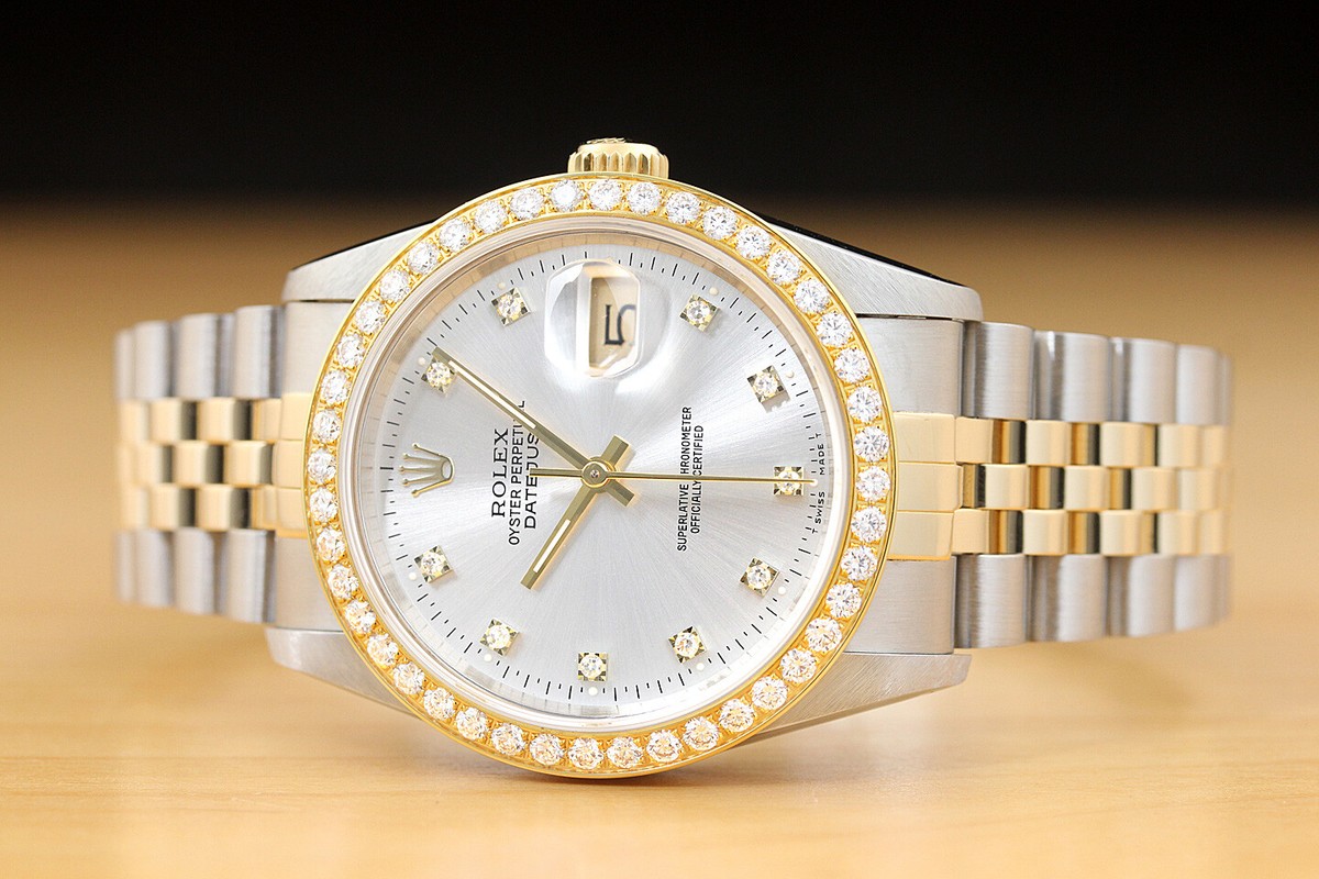 ROLEX MENS DATEJUST 16233 FACTORY DIAMOND DIAL 1.60 CT BEZEL TWO
