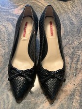 Prada Black Woven Leather Wedge Shoes Size 40 Pointed with a bow, Pre-owned.