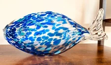 Art Glass Blue and White Fish Blown Glass 15 Inch L 6 Inch H See Description