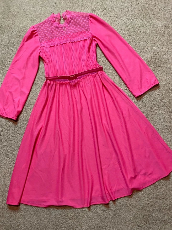 Vestido midi vintage años 70 discoteca rosa coral manga larga encaje canesú línea A M Foto 4 de 4
