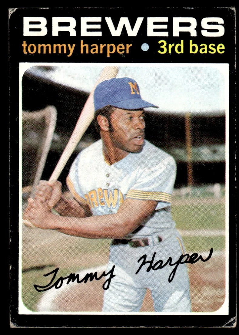 1971 Topps baseball card of Tommy Harper in Brewers uniform with bat, gold “BREWERS” text, and blue autograph.