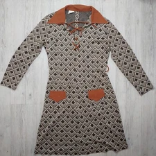 Vintage 80's Monsanto Women’s  Dress Tan Geometric Long Sleeve W43 98L