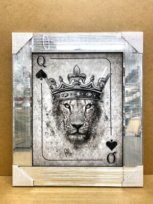LÖWENKÖNIGIN BILD LIQUID ART QUEEN KRONE 3D KUNST GESPIEGELTER RAHMEN WAND AUFGEHÄNGT 65X55