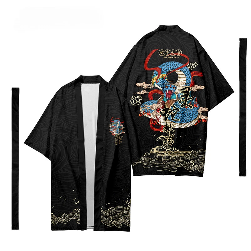 Herren Japanisch Schlange Muster Kimono Mantel Lange Strickjacke Yukata Outwear - Bild 1 von 4