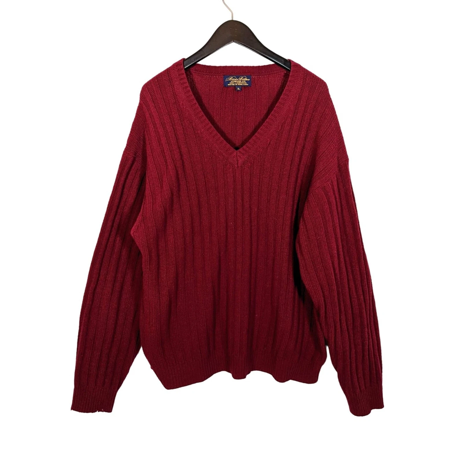 Men's XL Brooks Brothers 100% Lambswool V-Neck Ribbed Knit Sweater Crimson Red