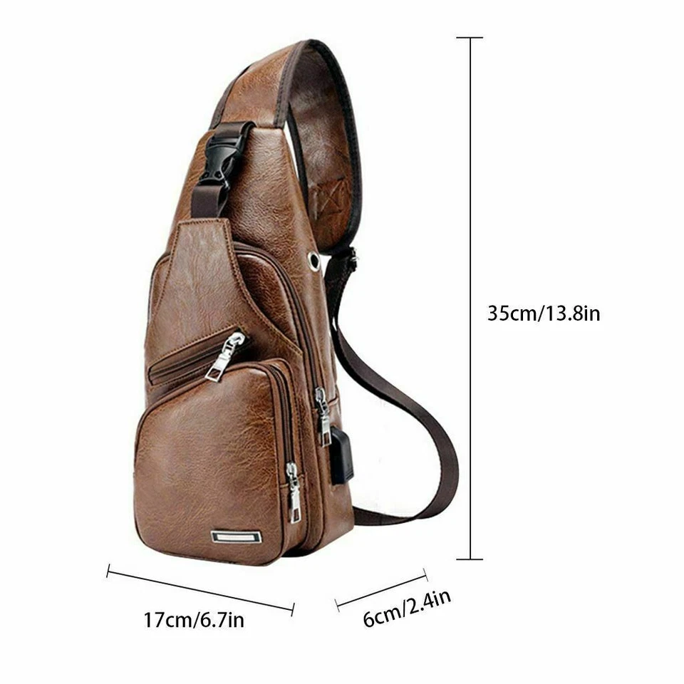 Mochila bandolera de cuero PU para hombre Riñoneras Carga USB NUEVA Foto 3 de 4