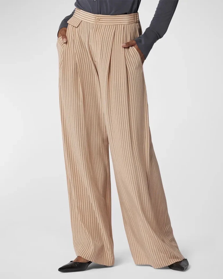 EQUIPMENT Mujer Ashlan 100% Seda Pantalón Pantalones Rayas Ancho Tostado Negro 12