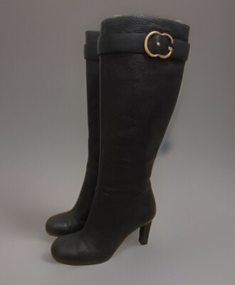 Gucci Black Leather Knee High Gold GG Buckle Boots size 36.5 EUR