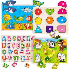 Wooden Peg Puzzles Toddler Montessori Learning Toys Ages 2-4 Kids 4 Pack