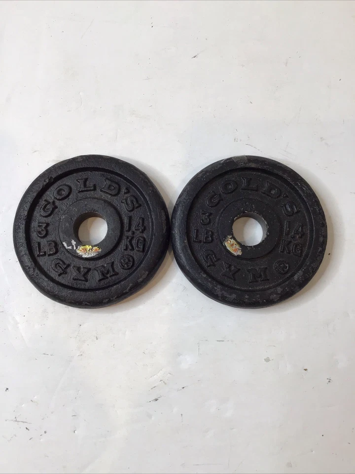 (2) Par de placas de peso de 3 libras vintage Gold’s Gym padrão 1” barra 6 libras total - Imagem 4 de 4