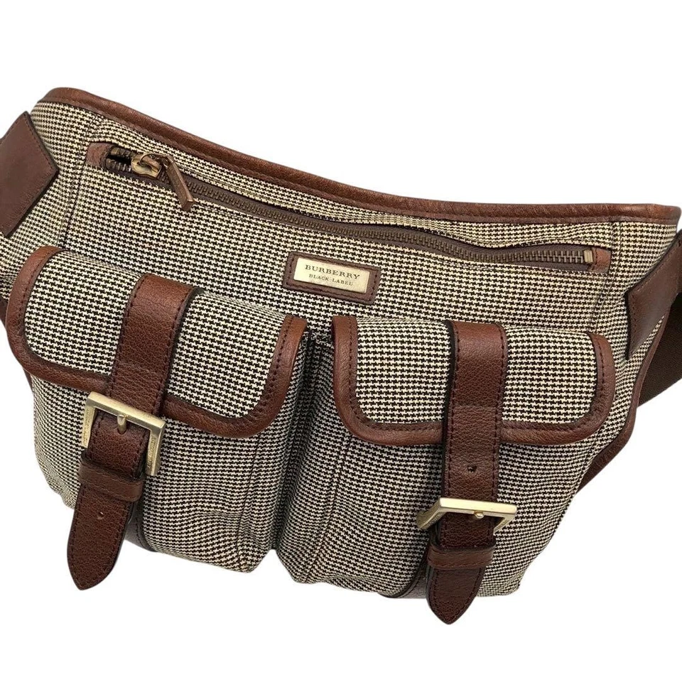 Burberry Black Label Body Bag Tweed Logo Leather Wool Men’s Waist Pouch - Image 4 of 4